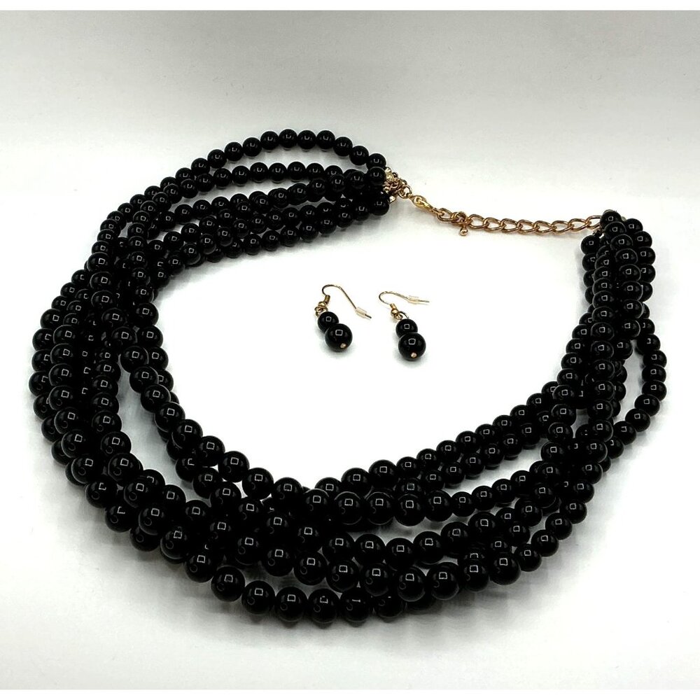 Black Multi-Strand Beaded Necklace & Matching Dangle Earrings Set With Gold-Tone